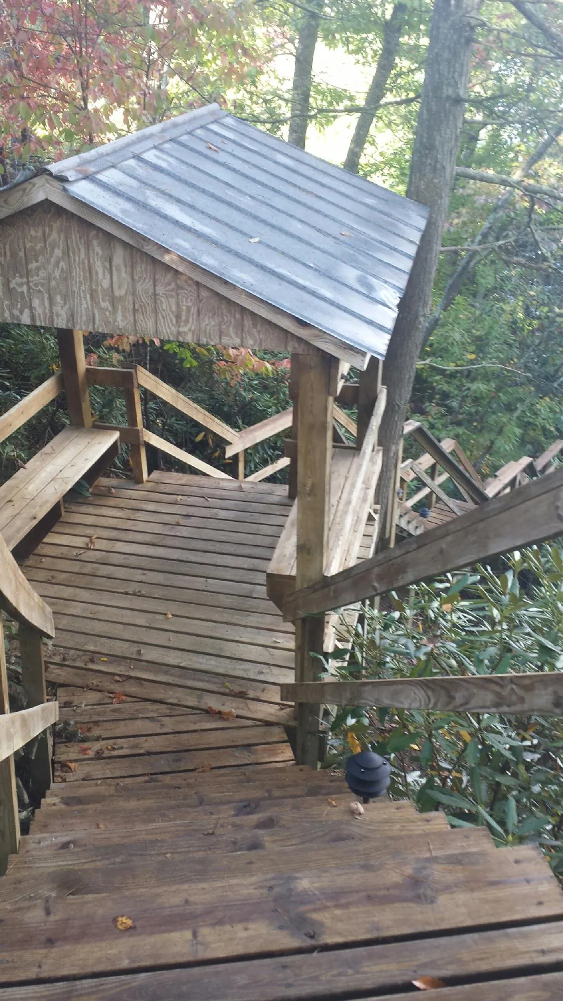 Metal roofed shelter over wooden steps on a wooded walkway — Skylight Repair & Installation work by our crew in Martin